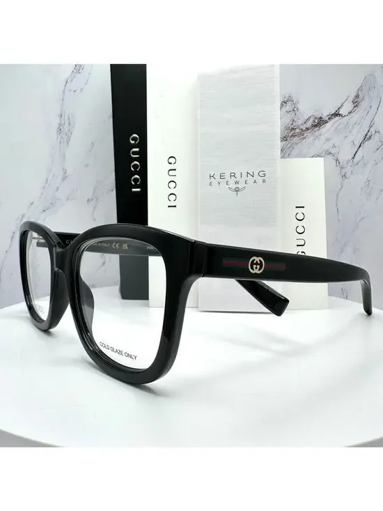 New GUCCI Eyeglasses 53-19-140 Black Square GG Logo Red Green Web Women Rx-able