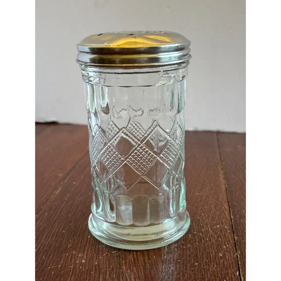 Vintage Clear Diamond Pattern Glass Sugar Shaker Spice Dispenser Stainless Lid