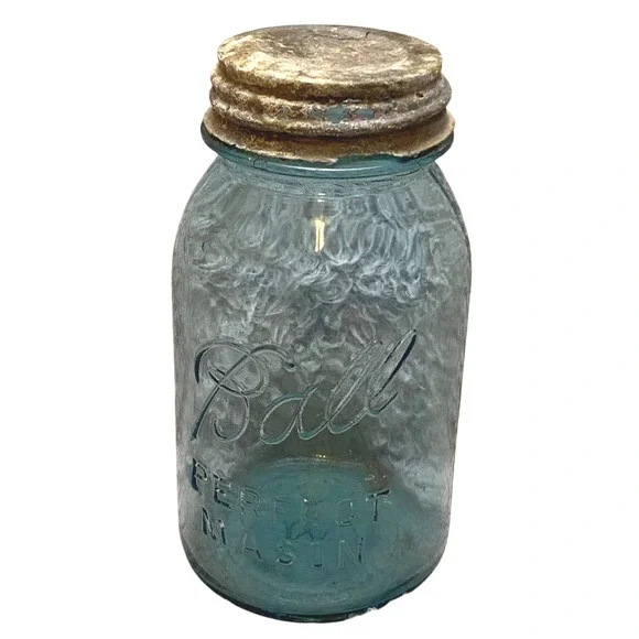 Antique Blue Glass‎ Ball Mason Jar Zinc Lid Stamped 8 on Bottom