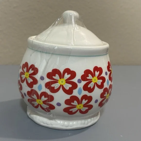 Pioneer Woman Sugar Dish with Lid White & Red Yellow Floral Pattern Kitchen Gift