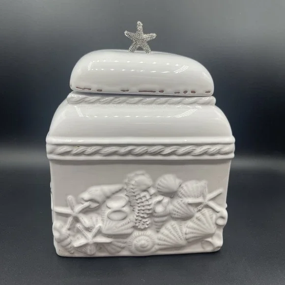 Mud Pie Starfish Sanibel White Canister  Coastal Beach Kitchen Ceramic