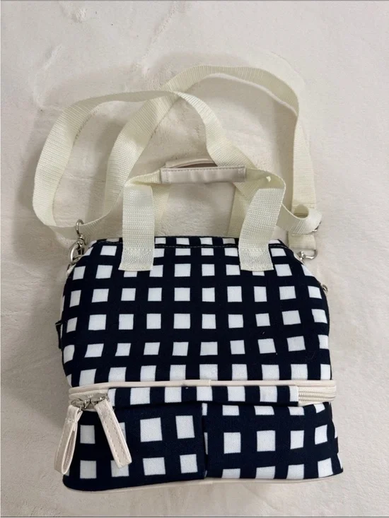 Navy Checkered Insulated Lunch Bag with removable Cream crossbody Strap
