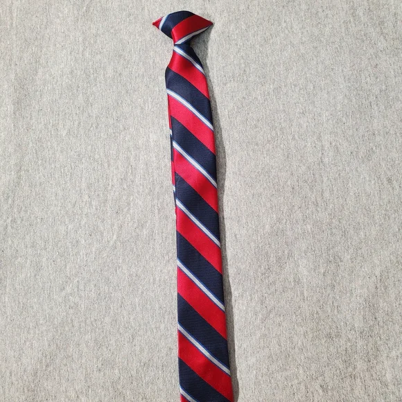 Boys Slim Red, Navy, & White Striped Clip On Tie