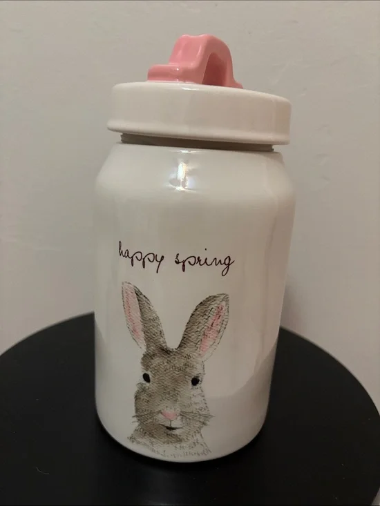 White Ceramic Bunny Canister with Pink Lid - 