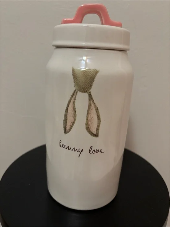Ceramic Bunny Love Canister with Pink Handle Rae Dunn