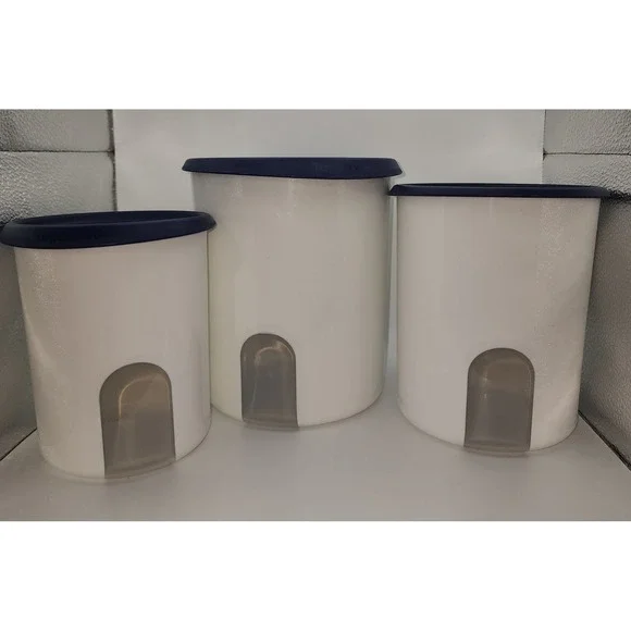 Tupperware Modular Mates One Touch Canister Set White Navy Blue 3 Piece Nesting