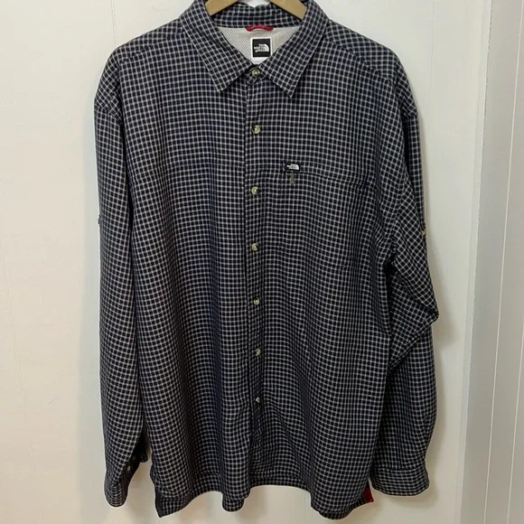 The North Face Traverse Navy Blue Tan Check Long Sleeve Button Down Shirt LARGE