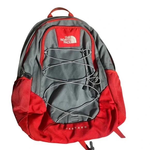 The North Face Jester II Backpack Grey Red Mens Womens Large School Hiking Bag