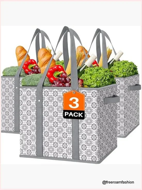 Large Reusable Grocery Tote Bags 3 Pack Foldable Water Resistant Shopping