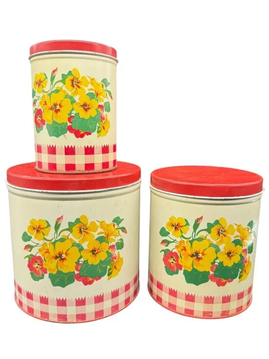 Vtg 40s Gingham Nasturtiums Floral Pattern Red Metal Canisters Nesting Lot 3