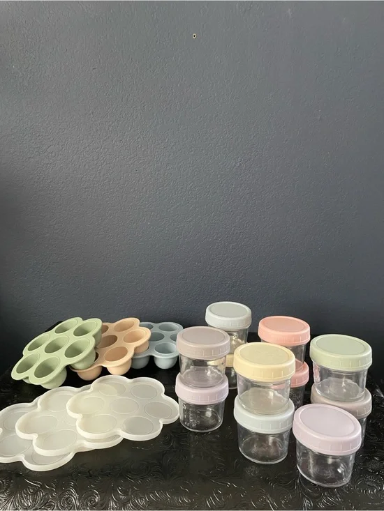 Silicone Baby Food Freezer Trays + Glass Storage Jars in Pastel Mix
