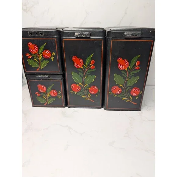 Vintage Ransburg Hand Painted Hinged Lid Metal Canister Set 4 Pc Black Floral