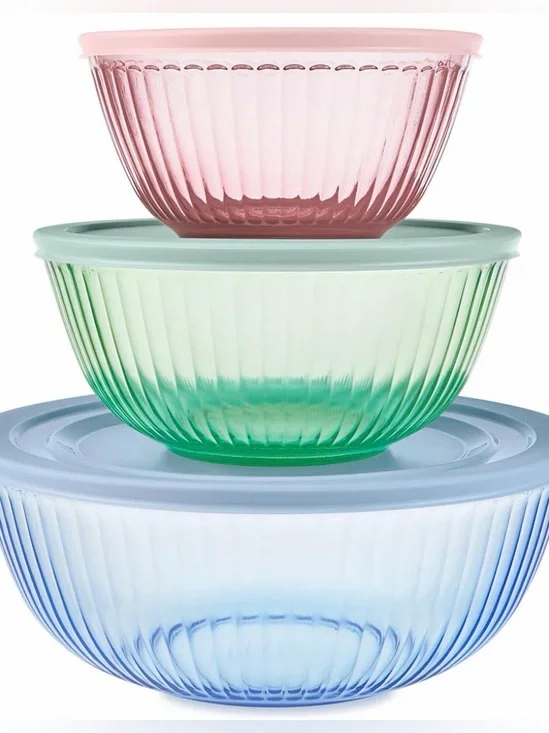 PYREX NWT 3pc Colors Tinted (3-Pack) Sculpted Tinted S, M, L, Glass Mixing Bowls