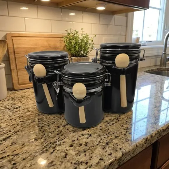 3 Piece Airtight Ceramic Canister Set with Lids and Attached Wooden Spoon