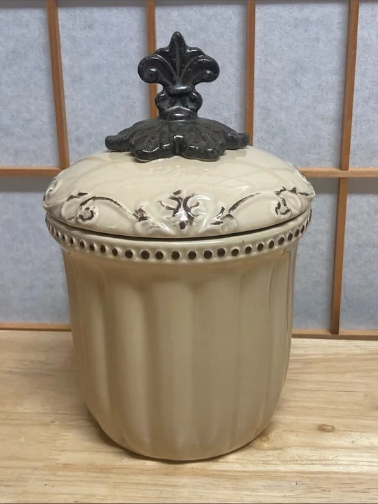 Ceramic Tuscan Scroll Canister Fleur de Lis