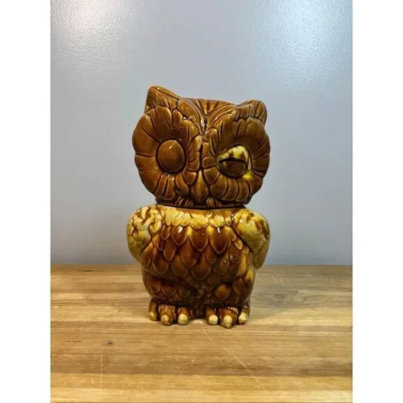 Vintage 10” Brown Winking Owl Cookie Jar