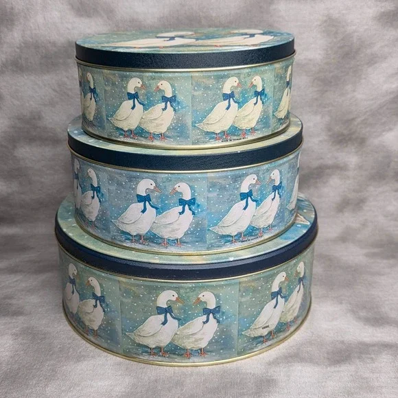 3 PC Nesting Metal Canister Set Goose Cottagecore Country Farmhouse Vtg 1980s