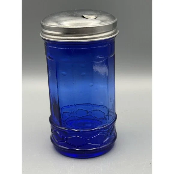 Vintage Cobalt Blue Glass Sugar Dispenser Jar with Metal Lid
