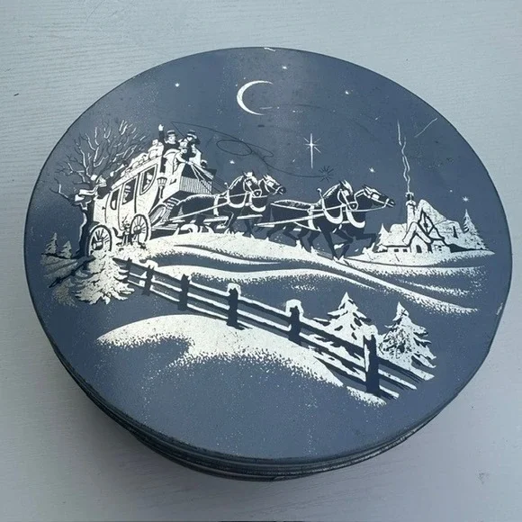 W.C.C. Vintage Round Tin Winter Stagecoach Scene Red Blue Metal 8in