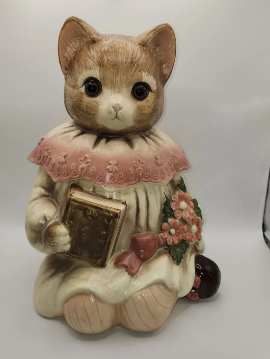 VTG 1980s Emily The Cat Ceramic Cookie Jar Glass Eyes Japan Mervyns Kitsch/EUC