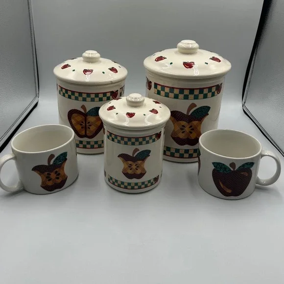 Vintage Tabletops Unlimited A is for Apple Canister Set and Mugs 5pc Kitchen