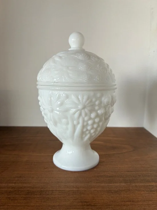 Vintage Avon Milk Glass Covered Candy Dish Pedestal | Egg Shaped Floral Pattern