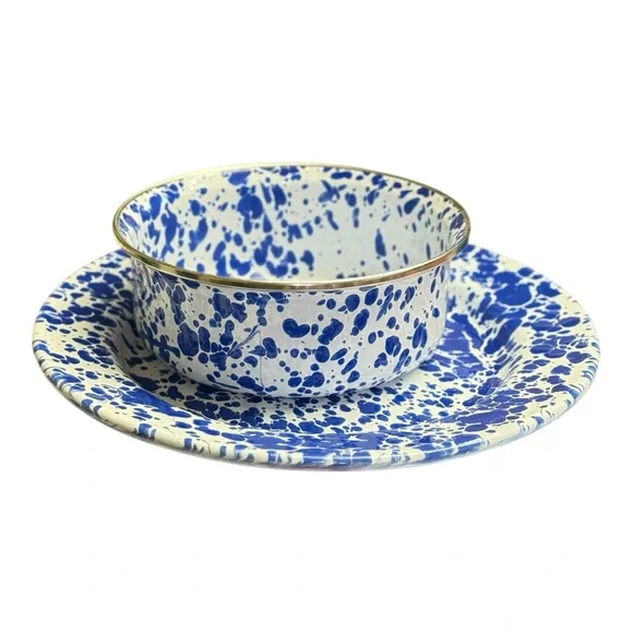 Crow Canyon Home Blue Splatter Enamelware Bowl and Plate Set