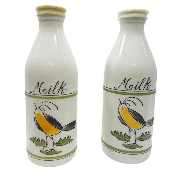 Vintage Milk Glass Bottles Set of 2 Bird Motif Farmhouse Decor White Green‎