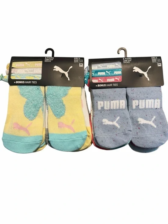 Puma Girls No-Show Socks 6-Pack(x2)with Bonus Hair Ties - Yellow & Blue