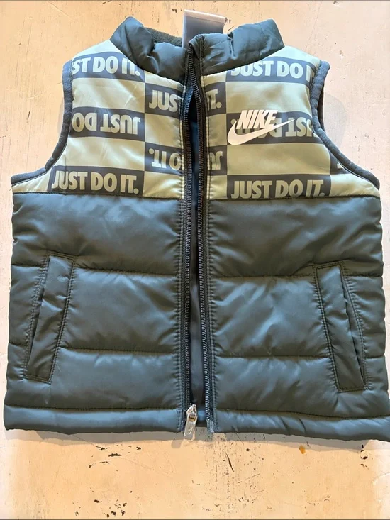 Nike Kids Olive Green and Light Green Puffer Vest with 'Just Do It.' Print