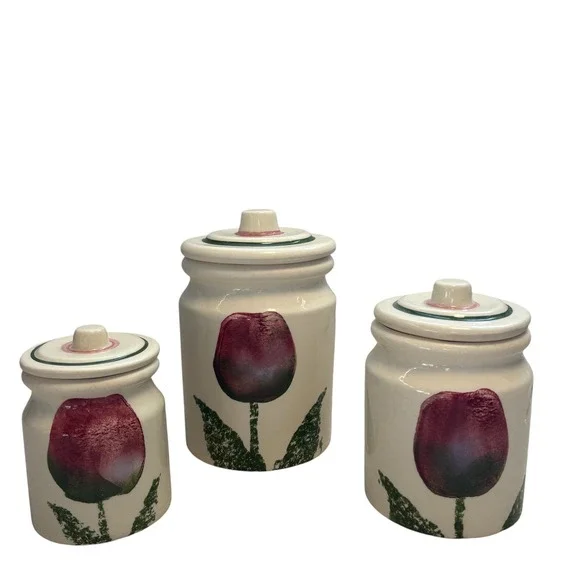 Hartstone USA VINTAGE Pottery Tulip Canister Set 3 Piece Vintage Stoneware  EUC‎