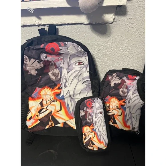 Naruto Shippuden 3pc Backpack Set Lunch Bag Pencil Case Itachi Obito Anime Black