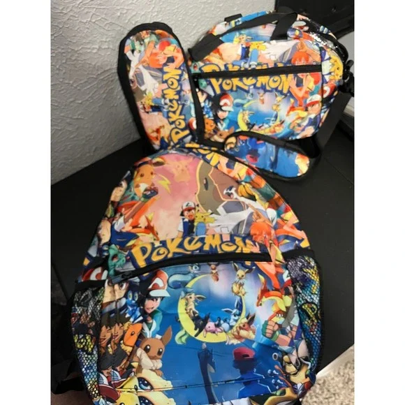 Pokemon 3 Piece Backpack Set Ash Pikachu Lunch Bag Pencil Case Multicolor NWOT