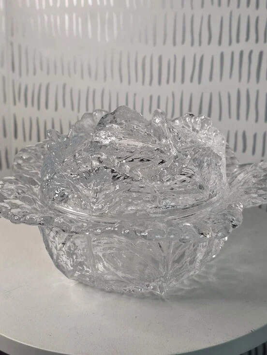 Vintage Clear Glass Cabbage Leaf Bowl with Lid Pressed Glass