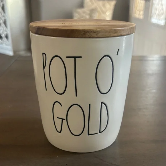 Rae Dunn White Ceramic Canister with Wooden Lid - 'POT O' GOLD'
