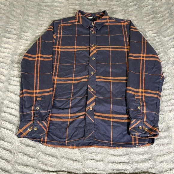 The North Face Mens Large Navy Blue Orange Plaid Cotton Flannel Button Up Shirt