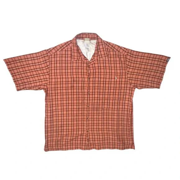 The North Face Orange Plaid Short Sleeve Button Down Hiking Shirt Men's Large