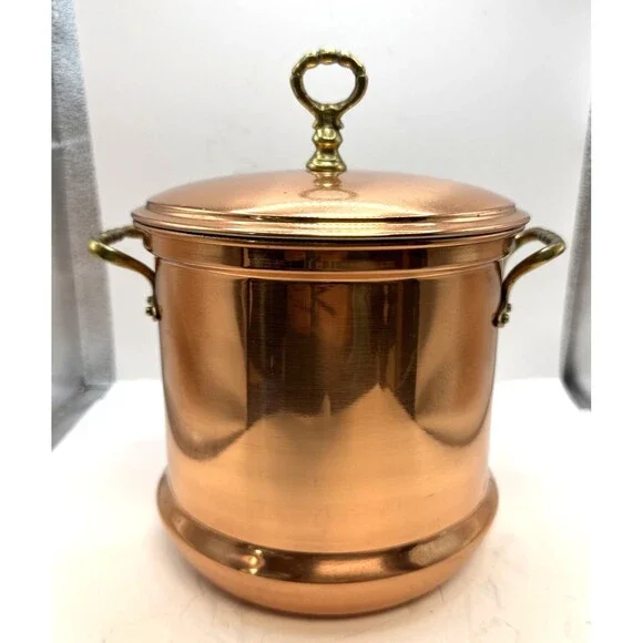 Vintage Copper Storage Canister Stock Pot ice bucket Tin Lining & Brass Handle