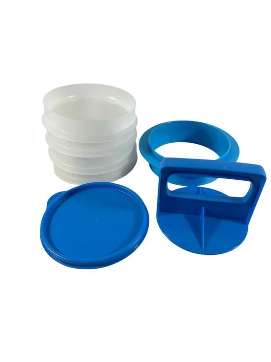 Tupperware Hamburger Press Keeper Set 4 Blue Burger Patties Stackable 5