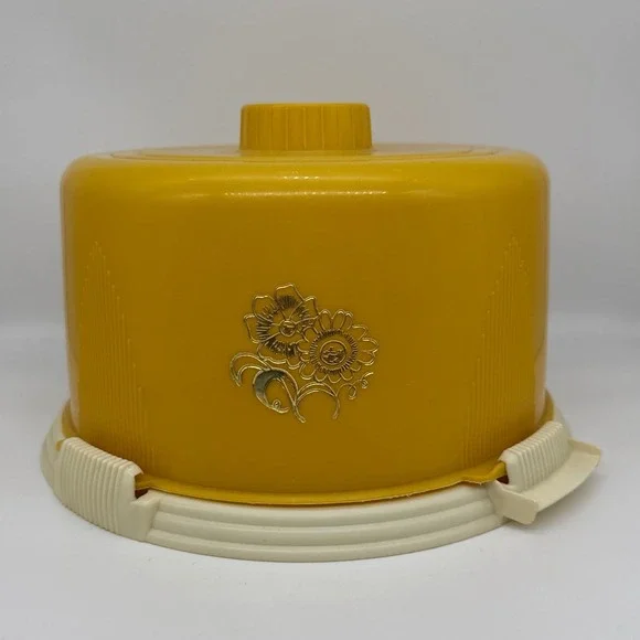 Vintage No 600 Lock-Lift Cake Carrier Yellow Floral MCM Plastic Harvest Gold USA