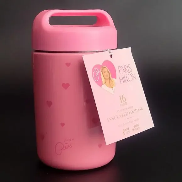 Paris Hilton 16 oz Pink Insulated Food Jar Shimmer Fairy Princess Hearts NEW‎