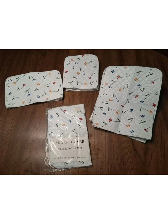 Vintage White w/Flower Quilted Vinyl Appliance Covers Lot of 4 Toaster Mixer