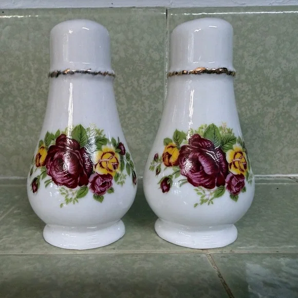 Vintage Bone China Salt and Pepper Shakers Floral Rose Gold Trim Taiwan Set