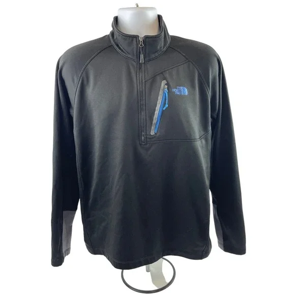 The North Face Sweater Mens Large Black 1/4 Zip Pullover Zip Pocket Hiking