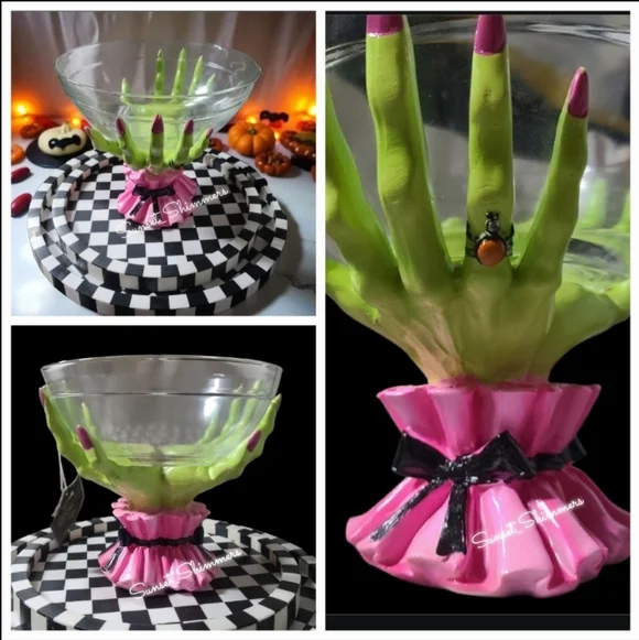 Glam Witch Hands Coquette Bow Halloween Candy Serving Bowl PINK GREEN NEW