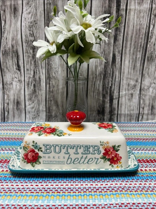 The Pioneer Woman Vintage Floral “Butter makes everything Better” butter dish