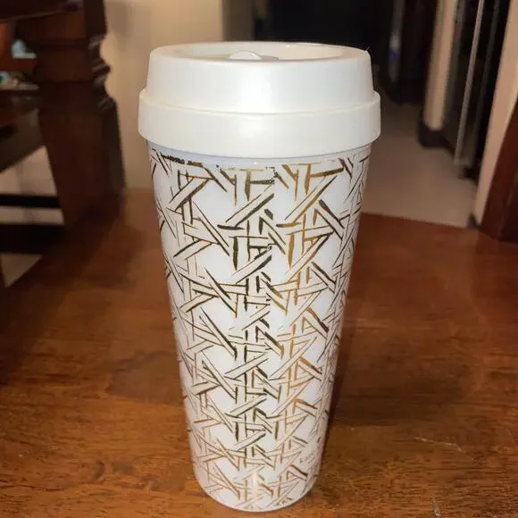 Kate Spade Travel Tumbler Gold Ribbon‎ Cream Colored 16oz