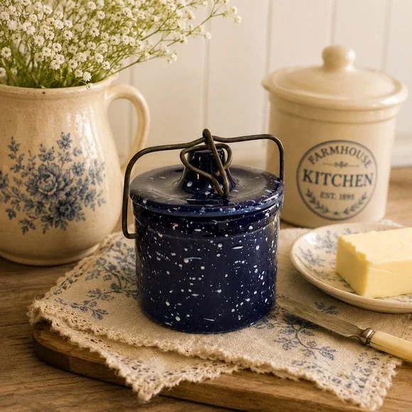Vintage Blue Speckled Ceramic Crock with Lid Bail Handle Farmhouse Crock