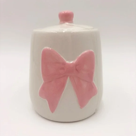 White Ceramic Bow Canister Pink Embossed Ribbon Lid Jar Coquette‎ Decor