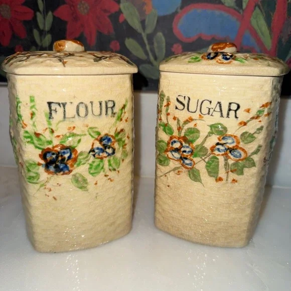 Vintage‎ Flour And Sugar Canisters Country Kitchen Basket Weave Lattice Floral